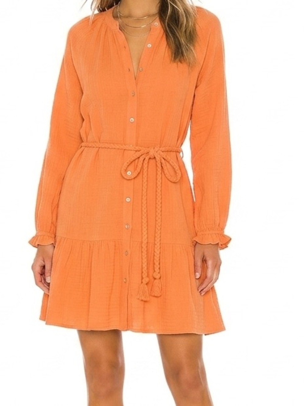 Orange Gauze Button-Front Long Sleeve Dress with Rope Waist 100% Organic Cotton